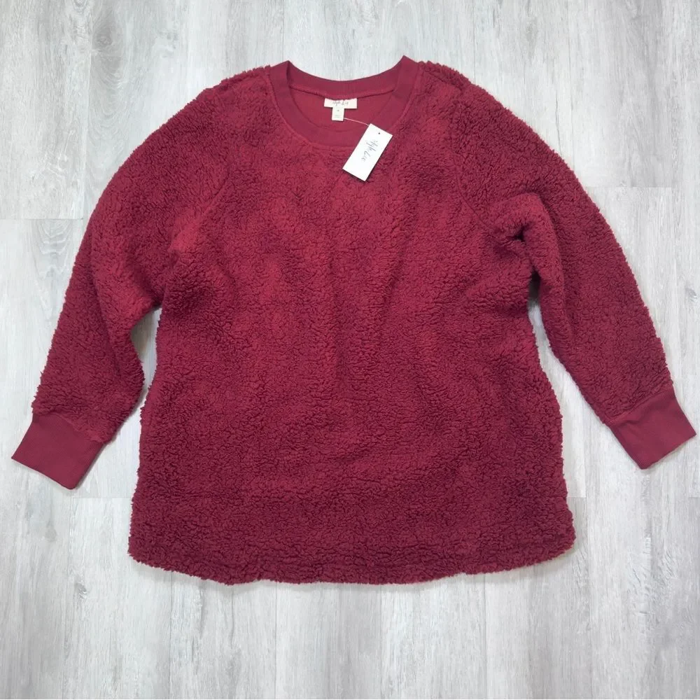 Women's Sherpa Fleece Sweater 1X NWT Dark Wine Red Plush Cozy Warm Pullover